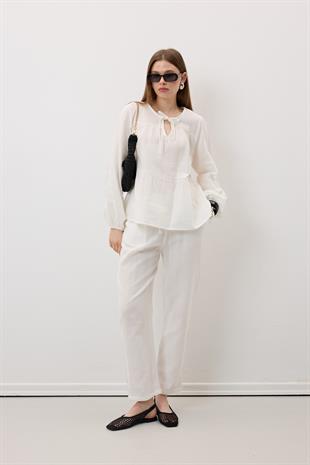 Müslin Salaş Bel Lastikli Kadın Pantolon EKRU