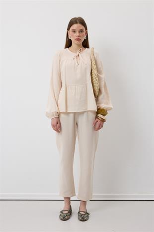 Müslin Salaş Bel Lastikli Kadın Pantolon TAŞ