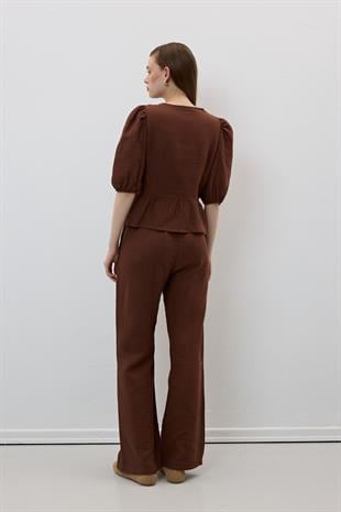 Müslin Salaş Bel Lastikli Kadın Pantolon KAHVE