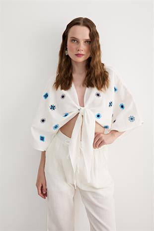 Nakış Detaylı Bağlamalı Bluz EKRU