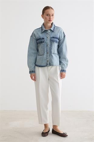 Nakış Detaylı Denim Kot Ceket BLUE