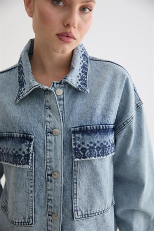 Nakış Detaylı Denim Kot Ceket BLUE