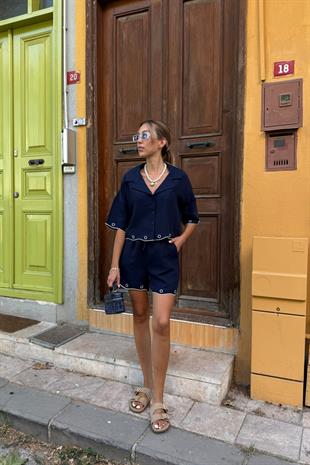 Nakış Detaylı Düğmeli Gömlek LACİVERT