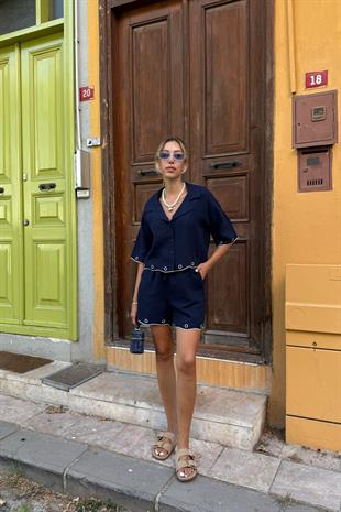 Nakış Detaylı Düğmeli Gömlek LACİVERT