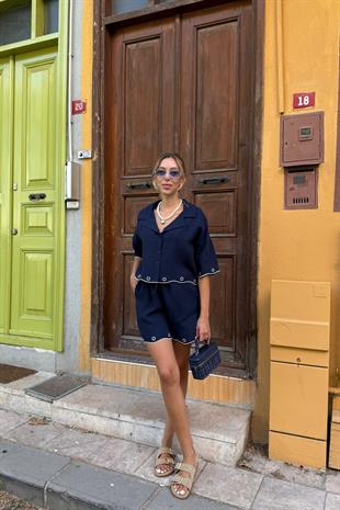 Nakış Detaylı Düğmeli Gömlek LACİVERT