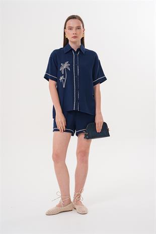 Nakış Detaylı Düğmeli Müslin Gömlek LACİVERT