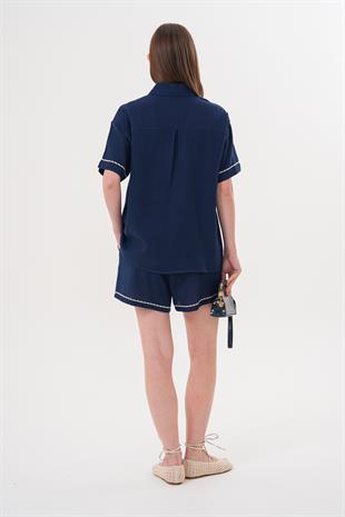 Nakış Detaylı Düğmeli Müslin Gömlek LACİVERT