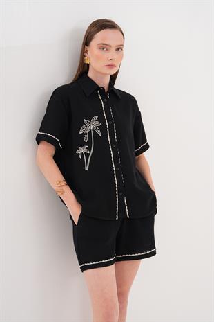 Nakış Detaylı Düğmeli Müslin Gömlek SİYAH