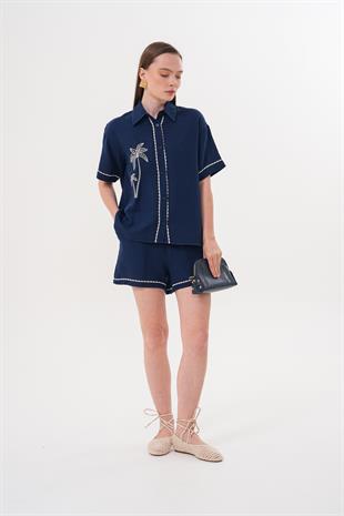 Nakış Detaylı Kısa Müslin Şort LACİVERT