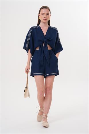 Nakış Detaylı Kısa Müslin Şort LACİVERT