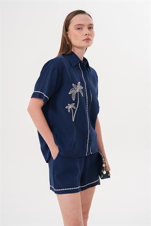 Nakış Detaylı Kısa Müslin Şort LACİVERT
