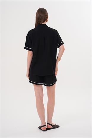 Nakış Detaylı Kısa Müslin Şort SİYAH