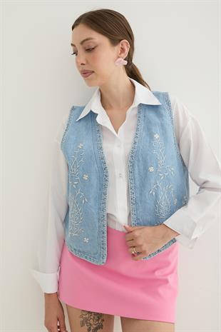 Nakış Detaylı Kolsuz Crop Yelek TAŞ YIKAMA