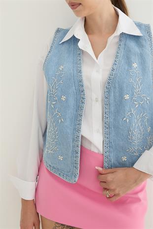 Nakış Detaylı Kolsuz Crop Yelek TAŞ YIKAMA