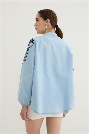 Nakış Detaylı Kot Ceket BUZ MAVİ