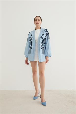 Nakış Detaylı Kot Ceket BUZ MAVİ