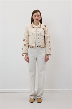 Nakış Detaylı Önü Düğmeli Kot Ceket TAŞ