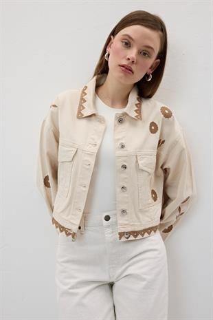 Nakış Detaylı Önü Düğmeli Kot Ceket TAŞ