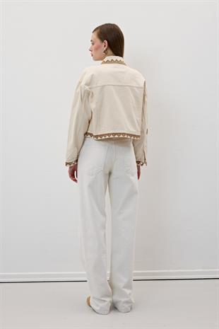 Nakış Detaylı Önü Düğmeli Kot Ceket TAŞ