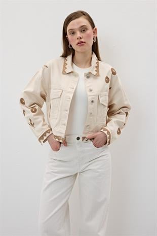 Nakış Detaylı Önü Düğmeli Kot Ceket TAŞ