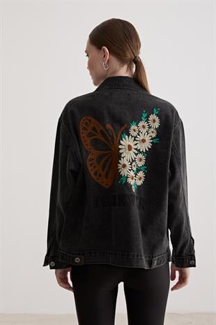 Nakışlı Kot Ceket BLACK