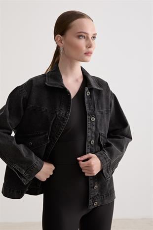 Nakışlı Kot Ceket BLACK