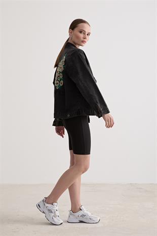 Nakışlı Kot Ceket BLACK