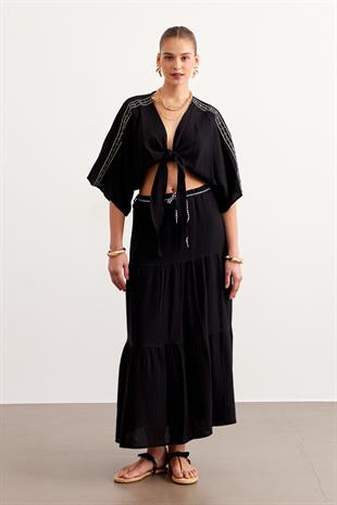 Omuz Nakış Detaylı  Beli Bağlamalı Gömlek SİYAH