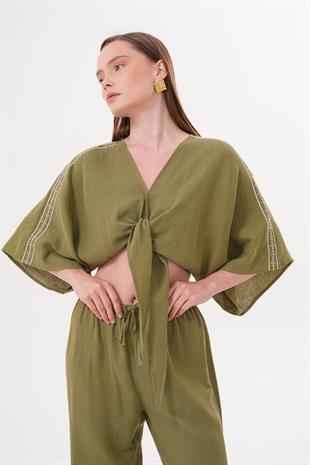 Omuz Nakış Detaylı  Beli Bağlamalı Gömlek HAKİ