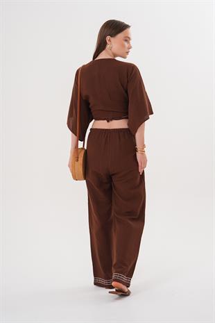 Omuz Nakış Detaylı  Beli Bağlamalı Gömlek KAHVE