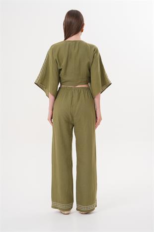 Omuz Nakış Detaylı  Beli Bağlamalı Gömlek HAKİ