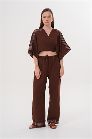 Omuz Nakış Detaylı  Beli Bağlamalı Gömlek KAHVE