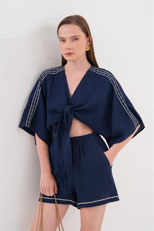 Omuz Nakış Detaylı  Beli Bağlamalı Gömlek LACİVERT