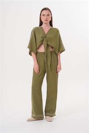 Omuz Nakış Detaylı  Beli Bağlamalı Gömlek HAKİ