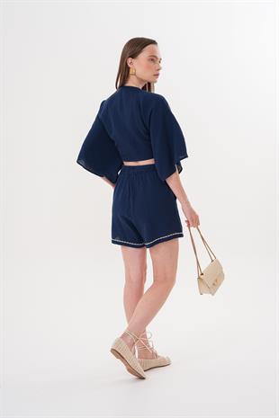 Omuz Nakış Detaylı  Beli Bağlamalı Gömlek LACİVERT