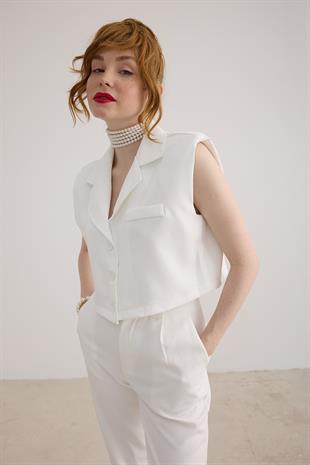 Omuzları Vatka Detaylı Yelek EKRU