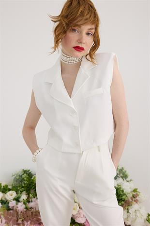 Omuzları Vatka Detaylı Yelek EKRU