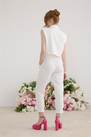 Omuzları Vatka Detaylı Yelek EKRU