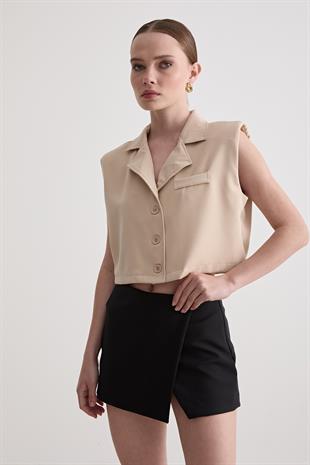 Omuzları Vatka Detaylı Yelek TAŞ