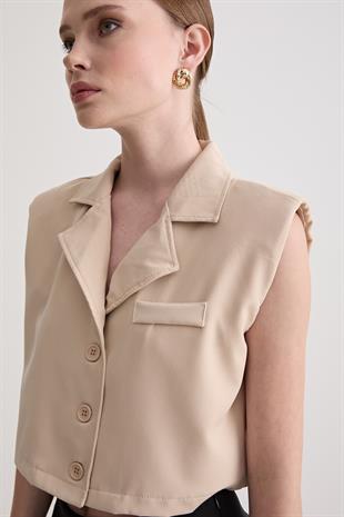 Omuzları Vatka Detaylı Yelek TAŞ