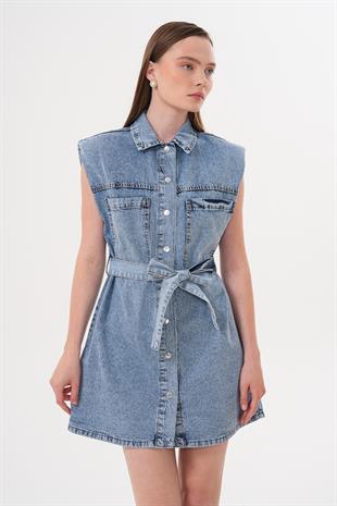 Omzu Vatka Detaylı Kuşaklı Elbise KAR YIKAMA