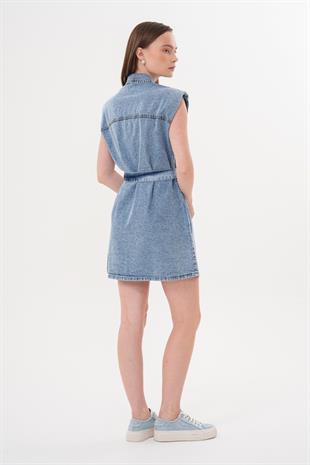 Omzu Vatka Detaylı Kuşaklı Elbise KAR YIKAMA