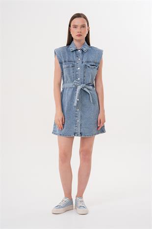 Omzu Vatka Detaylı Kuşaklı Elbise KAR YIKAMA