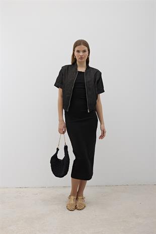 Omzu Vatkalı Önü Fermuarlı Ceket BLACK