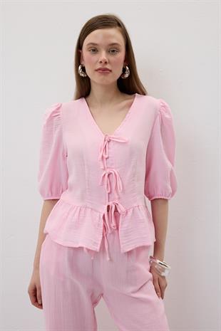 Ön Bağlamalı Kolu Lastikli Müslin Bluz PEMBE