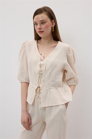Ön Bağlamalı Kolu Lastikli Müslin Bluz TAŞ