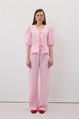 Ön Bağlamalı Kolu Lastikli Müslin Bluz PEMBE