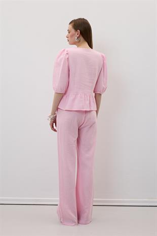 Ön Bağlamalı Kolu Lastikli Müslin Bluz PEMBE