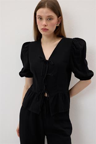 Ön Bağlamalı Kolu Lastikli Müslin Bluz SİYAH
