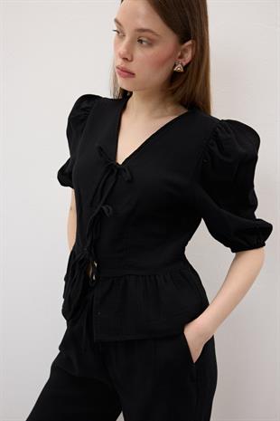 Ön Bağlamalı Kolu Lastikli Müslin Bluz SİYAH